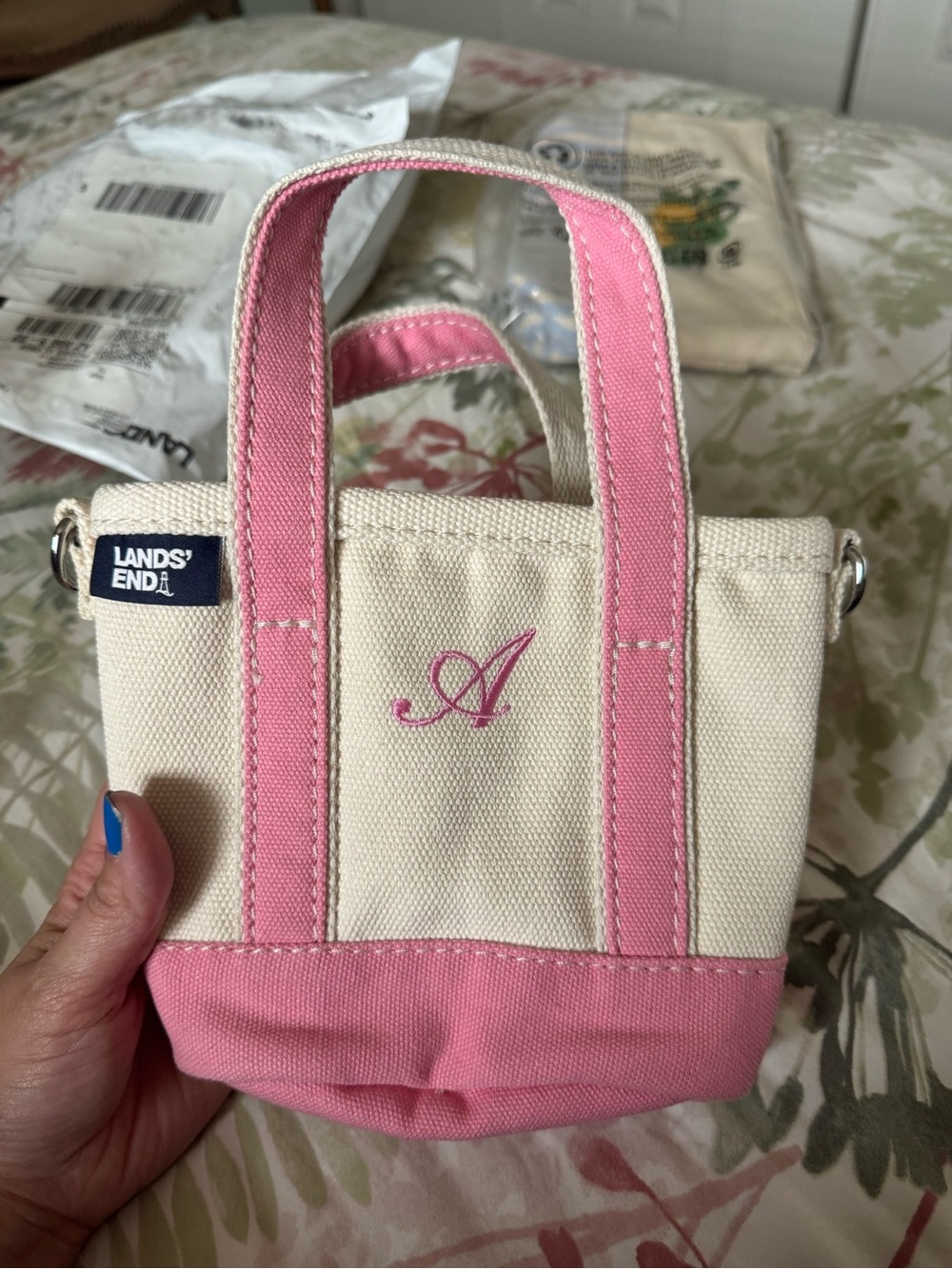 Lands' End Cream Canvas Mini Tote with Pink Trim & Monogram A